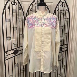 Tuxedo-style button-down shirt.